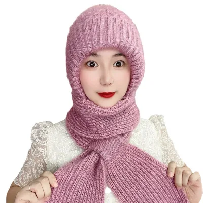 Female Autumn and Winter Squirrel Velvet Hat Scarf Keep Warm Snow Hat Fleece-Lined Wool Buckle Knitted Earflaps Cap