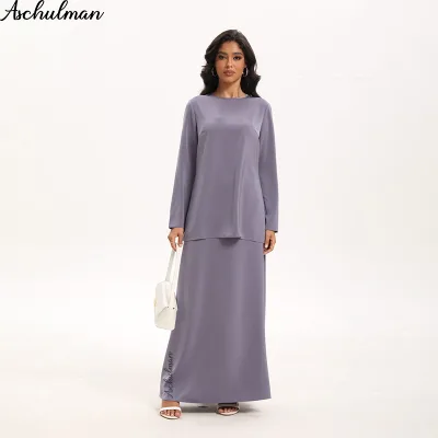 Aschulman Custom Satin Modest 2 Piece Set Long Sleeve Tunic Top with Maxi Skirt Muslim Women Islamic Clothing Eid Party Wear