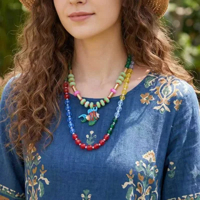 Trendy Layered Beaded Choker Necklace Colorful Glass Fish Pendant Vintage Style Short Chain Jewelry for Daily Wear