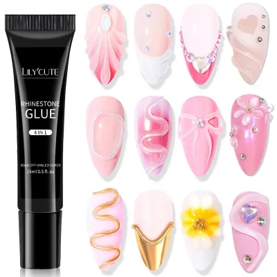 LILYCUTE 4 in 1 Nail Rhinestone Glue 15ml Super Sticky NO Wipe Clear Adhesive Nail Gel for 3D Molding Shaping Rub Powder