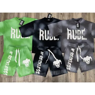 Custom Rhinestone Patch Embroidery Summer Two Piece Clothing Acid Wash Sun Faded T Shirt and Distressed Sweat Short Set for Men
