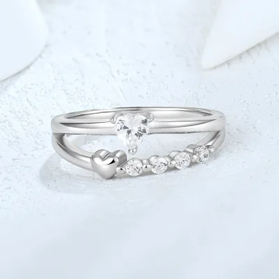 925 Sterling Silver Double Band Heart Cut Cubic Zirconia Ring Dainty Love Heart CZ Promise Engagement Ring Women Fine Jewelry