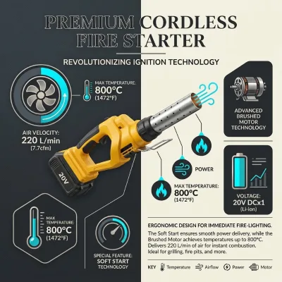 Hantechn 20V Cordless Stainless Steel BBQ Charcoal Lighter Battery Heat Gun Kit Portable Fire Starter