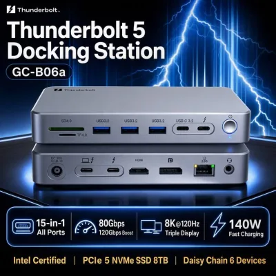 Thunderbolt 5 Docking Station 15in1 8K60Hz DP 80Gbps 140W PD USB3.2 10Gbps NVMe 8TB SSD 2.5G LAN Aluminum Alloy in Stock