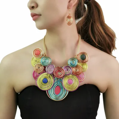Fashion Retro Ethnic Bohemian Aluminum Alloy Wire Statement Jewelry Set Large Pendant Handmade Collar Necklace Drop Earrings Set