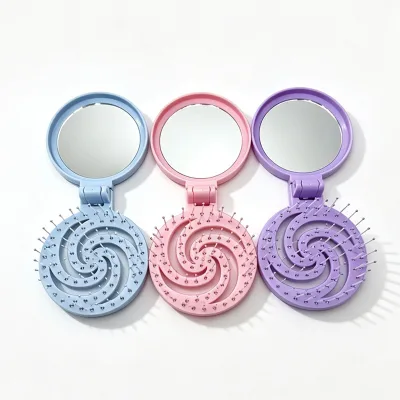 Wholesale Macaron Rose Folding Mirror Comb - Mini Hollow Spiral 2-in-1 Portable Mirror with Hair Brush for Travel