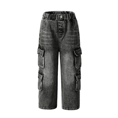 Children's Pants Distressed Jeans Korean-Style Multi-Pocket Loose Trendy Cool Girls' Straight-Leg Retro Wide-Leg
