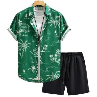 Customizable Men's Summer Casual and Stylish Printed, Breathable and Quick-Drying Two-Piece Shirt Set for Commuting and Vacation