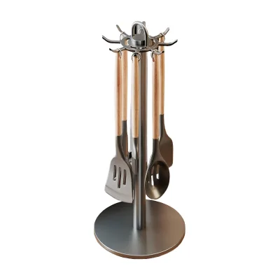Modern Kitchen Countertop Standing Type Metal Utensil Holder with Rotatable Spatula Rack and Hooks for Multifunctional Storage