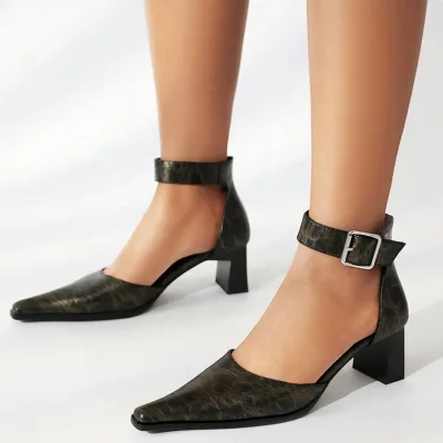 Women 7cm Short Square Heels Ankle Buckles Cut Out Summer Sandals Pumps Office Ladies Comfortable Work Shoes