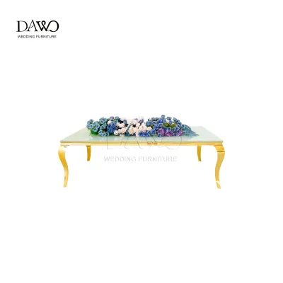 Modern Wedding Main Table with Gold Curved Legs and White Glass Top for Hotel and Outdoor Use