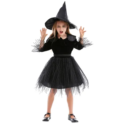 2025 new styles Children's Halloween Costume Black Wine Red Mesh Puffy Princess Dress Little Witch Cosplay Magic Girl Kid