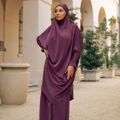 Aschulman Custom Embroider Solid Basic Scarf Jilbab Hijab Abaya Prayer 2 Piece Set Muslim Women