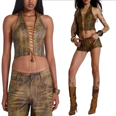 Custom-Made Short Backless Vest for Hot Girls Denim Corset with Brown Hollow-out Lace-up Halter Neck and Straps