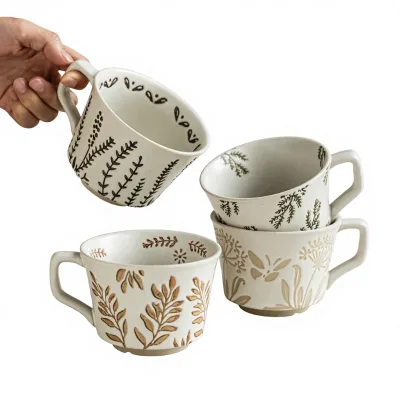 Retro Relief Ceramic Mug Plant Pattern Artistic & Rustic Style Breakfast Tea Cup