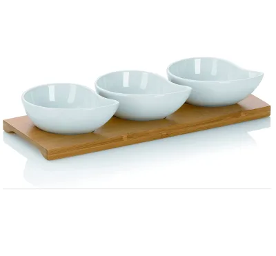 Aperitif Platter Set Porcelain Comma Cups Bamboo Tray 26x10x4.5 Cm, White Comma-shaped Cups Snack Tray