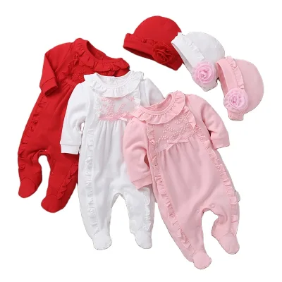 Spring and Autumn Fashion Beautiful Lovely Ruffled Lace Bow Long Sleeve Girls Baby Dress With Flower Hat Baby Jumpsuit