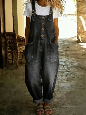 Y4624 Fashionable Retro Distressed Loose Women's Casual Denim Jumpsuit with Adjustable Buckle