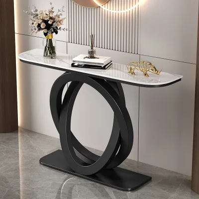 Half Circle Foyer Table with Rock Slab Entrance Counter, Modern and Simple Wall Facing Entrance with Rock Slab Entrance Table