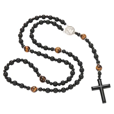 New Vintage Religious Cross Pendant Prayer Necklace Catholic 8mm Black Lava Natural Stone Rosary Beads Necklace Unisex