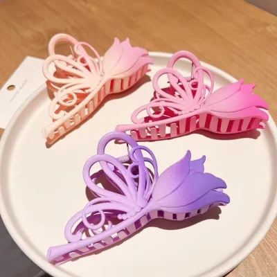 Gradient Color Tulip Plastic Hairpin Frosted Large Butterfly Hair Claw Elegant European-American Style Shark Hair Clip