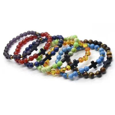 support custom Cross natural Stone Bracelet For Men And Women Elastic Line natural Stone Bead Bracelet