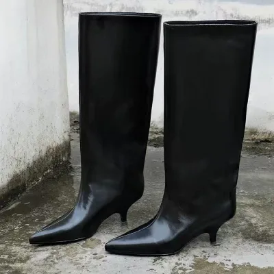 Knee High Boots Womens PU Boots with EVA Midsole Rubber Outsole Pointed Toe Slim Heel in Black and Wine Red for Everyday Wear