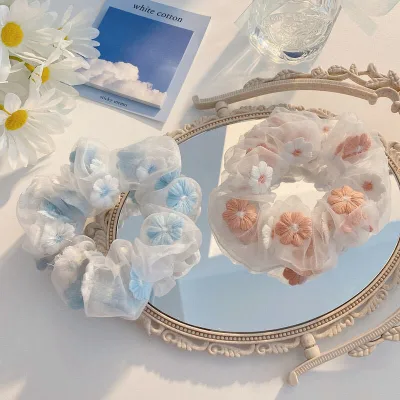 PL New Summer Floral Elastic Hair Accessories Organza Embroidered Flower Scrunchie Hair Tie