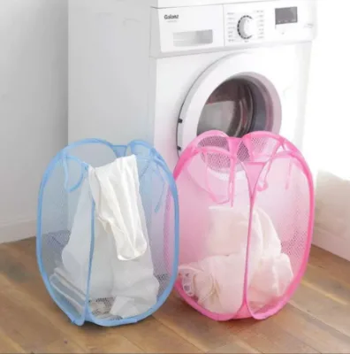 Foldable Polyester Mesh Laundry Hamper Pop-up Collapsible Dirty Clothes Storage Basket with Handles
