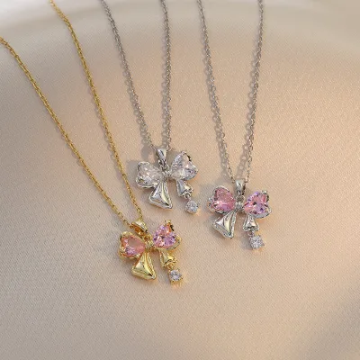 AA02159 Sweet Stainless Steel Necklace for Women Jewelry Cute Pink Bow Pendant