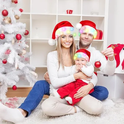 Plush Santa Hat with LED Lights Light up Christmas Hat Luxury Thickened Plush Christmas Santa Claus Xmas Cap Hat for Adult Kids