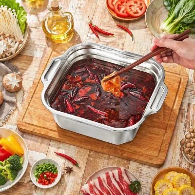Stainless Steel Modern Deep Rectangular Hot Pot Pan Two Anti-scald Side Handles Induction Compatible Oven Safe Cookware for