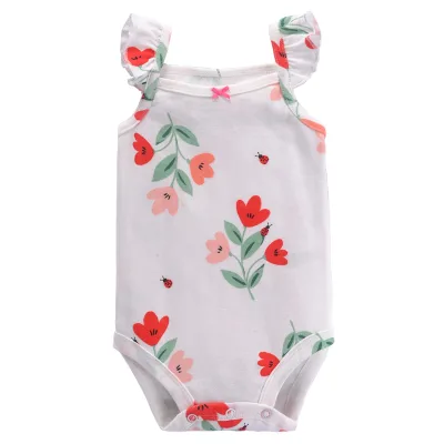 Cute Floral Unique Boutique Knit Suspenders Knit Pattern Baby Romper Girl Bodysuit Summer Opp Bag Cartoon 100% Cotton Button