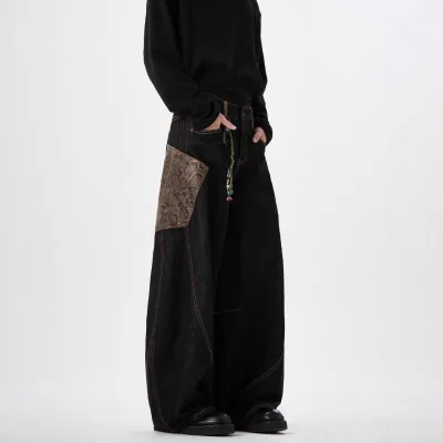 Limited Edition Winding Snake Denim Dark Men's Women's American Style High Street Hiphop Cool Wide Leg Snake Skin