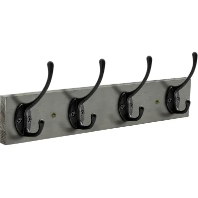 Wall Mounted Rustic 4-Hook Coat Rack Entryway Hanging Metal Wood Stand Black Literary Design Scarf Bag Towel Key Cap Hat (Grey)