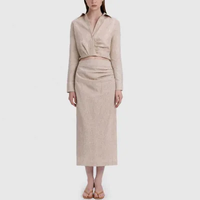 Woman Casual Outfots Plain Ruched Linen Long Sleeve Crop Top and High Waist Midi Skirt Two Piece Set