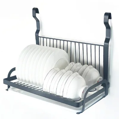 Space Save Kitchen Wall Organizer Dish Drainer with Drain Tray Stainless Steel Hanging Black Dish Holder