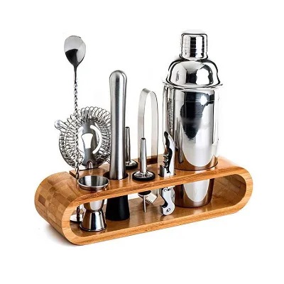 Wooden Stand Stainless Steel Vintage Bar Set 10 Piece Bar Accessories Bartender Kit Jigger Cocktail Shaker Barware Tool Sets