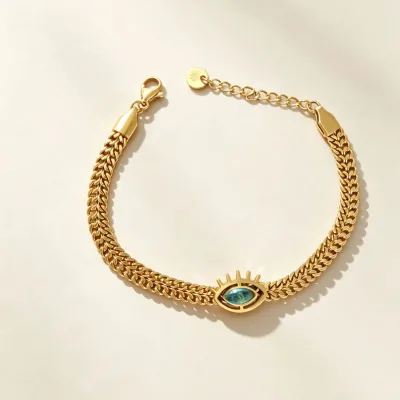 Fashion Lady Heavy-duty Wheat-stitch Woven Thick Blue Zirconium Stone Devil's Eye Stainless Steel Bracelet Factory Wholesale