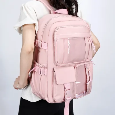 Women's Summer Ita Backpack Clear Window Canvas Design Multi Pockets Waterproof Nylon Portable Laptop Backpack for School Casual