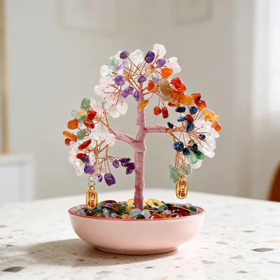 Wholesale Natural Feng Shui Carved Crystal Money Tree for Home Office Desk Decoration