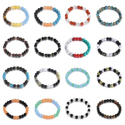 Vintage Natural Stone Beaded Bracelets Tiger Eye Lava Rock Energy Healing Bracelet Set for Men Women Yoga Meditation Jewelry