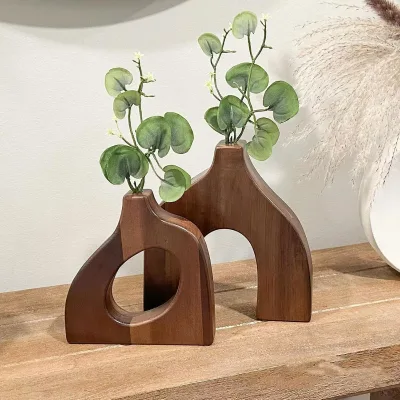 Modern & Antique Cute Wooden Boho Vases Set Home Decorative Round Pattern Vases for Faux Flowers & Plants