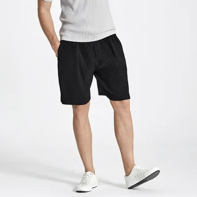 Miyake Pleated Shorts for Men Loose Elastic Waist Versatile Sweatpants Straight Casual Short Pant Men's Clothes Spot