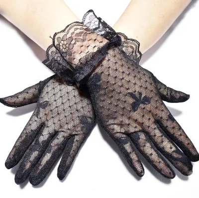 Women's Wrist Length Bridal Gloves with Bowknot Lace Stretch Net Yarn Wedding Finger Gloves Black One Size Breathable