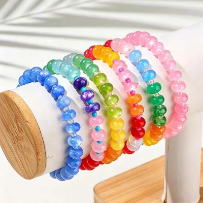 Candy Rainbow Color Acrylic Handmade Cute Geometric Natural Stone Women Fashion Bead Bracelet for Best Friend Gift