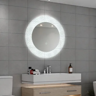18*18 Inch Frameless Round LED Bathroom Mirror with Textured Acrylic Backlight Dimmable and Adjustable Color Temperature
