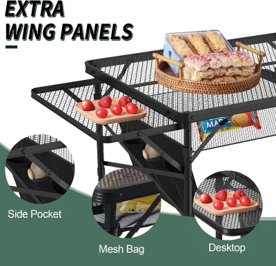 Height Adjustable Folding Grill Table with 2 Wing Panels Mesh Desktop Mesh Bag for Camping BBQ Picnic Beach