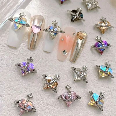 Crooked Tilted Heart Satellite Crystal Nails Accessories Alloy Rhinestones Charms Jewelry Supplies Salon Manicure