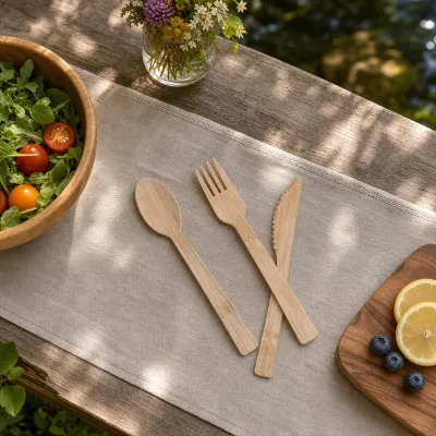 Biodegradable Natural Bamboo Cutlery Set Disposable Spoon Fork Knife Picnic Party Camping Travel Outdoor Spoon Fork Knife Set
